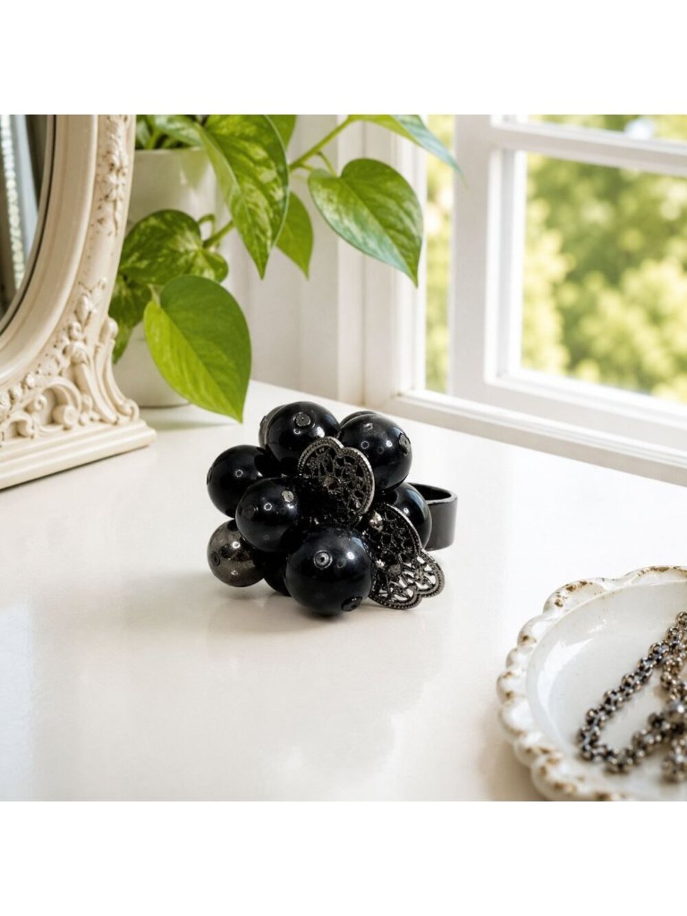 Chunky Black‎ Beaded Cocktail Ring Adjustable Gothic Boho Statement Jewelry